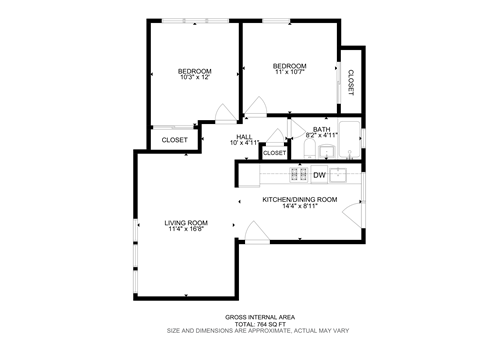 Floor plan for 2 beds, 1 bath, 762 sqft